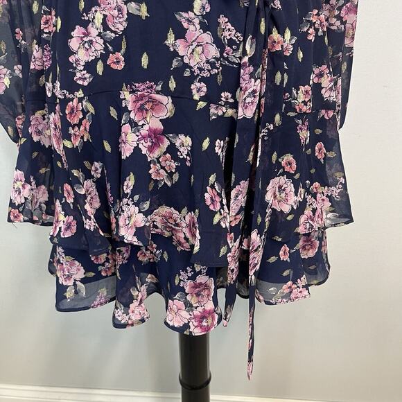 City Studio Dress size Small Navy Blue Pink Gold Floral Sheer Ruffles Wedding - Picture 7 of 11